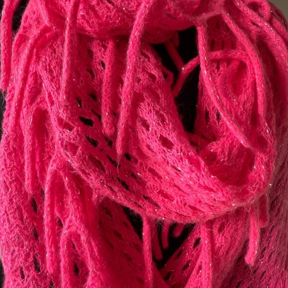 Hot Pink Infinity Scarf One Size Festival Knit Fringe Soft Metallic Thread - Picture 5 of 12